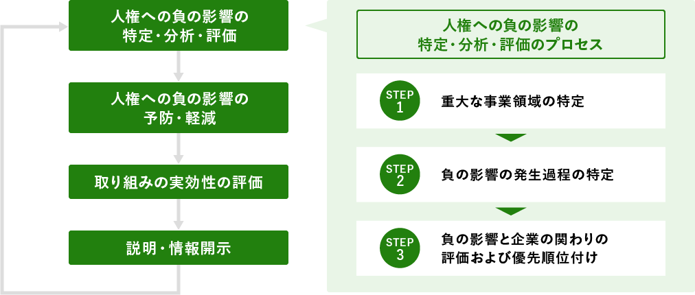 人権デューデリジェンスのステップおよび人権への負の影響の特定・分析・評価のプロセス